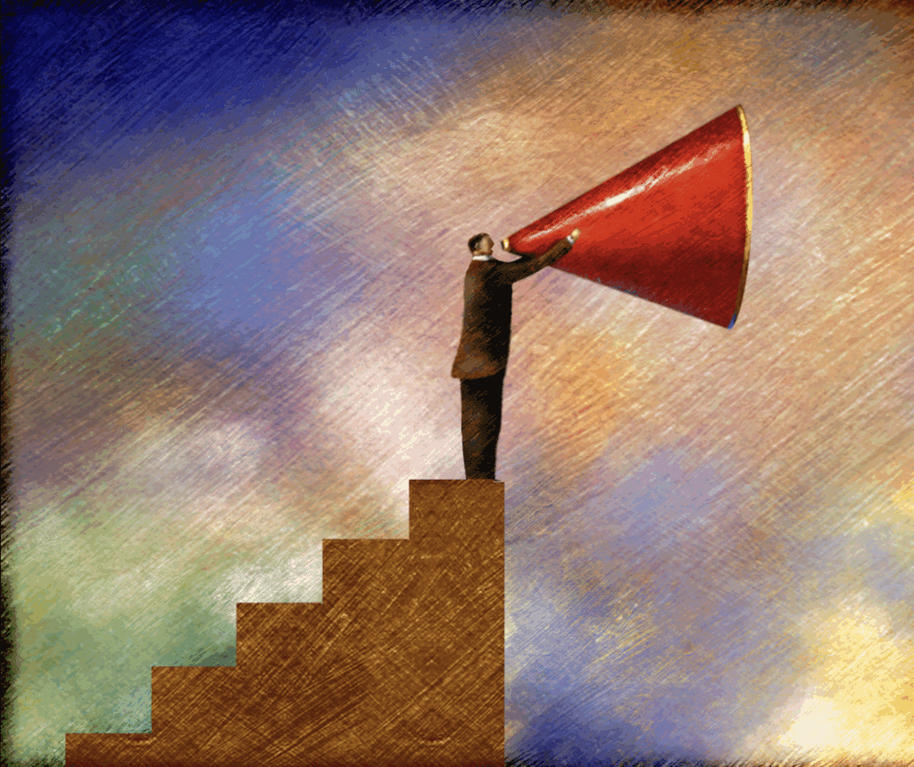 artwork of person Speaking into a megaphone at the top of stairs